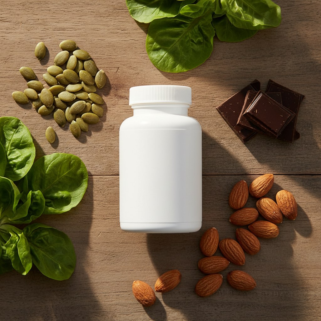 White magnesium bottle surrounded by leafy greens, pumpkin seeds, almonds, and dark chocolate on rustic wood